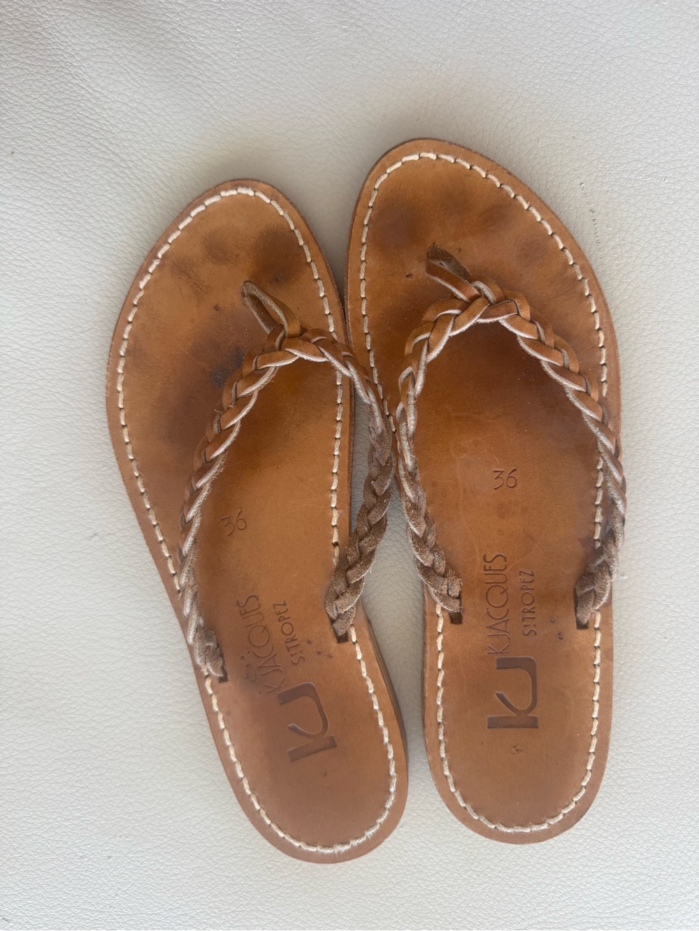 K. Jacques St. Tropez Tan Braided Leather Thong Flip Flop Sandals size 36 6